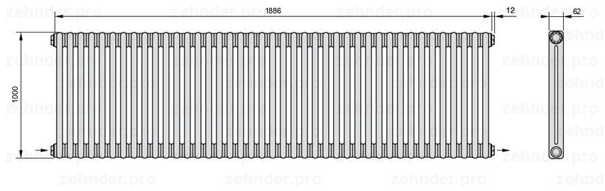 Схема (чертеж) Радиатор Zehnder Charleston 2100/41 №2670 Белый глянцевый RAL 9016